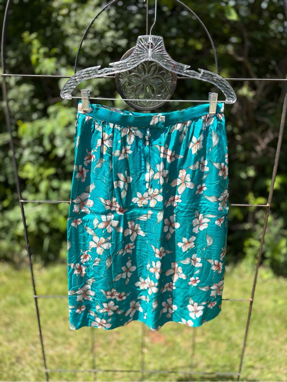 Vintage Women’s Floral Teal Midi Skirt Hawaiian Summer Lightweight A-Line Retro - Picture 9 of 12